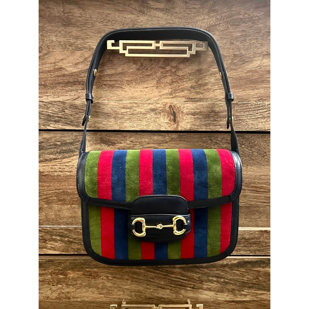 GUCCI Horsebit 1955 Velvet Azalea Calfskin Baiadera Stripe Shoulder Bag in Multi